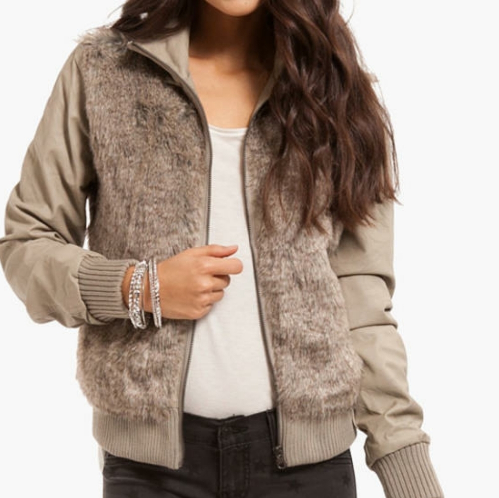 Jack by BB Dakoda Faux Fur Leather Bomber Jacket Sz Small Taupe Tan Vegan